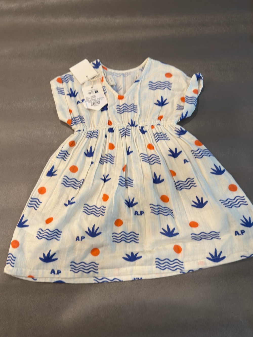 Arsene & Les Pipelettes  White Dress with Blue Wave & Orange Dot Print. Size 3